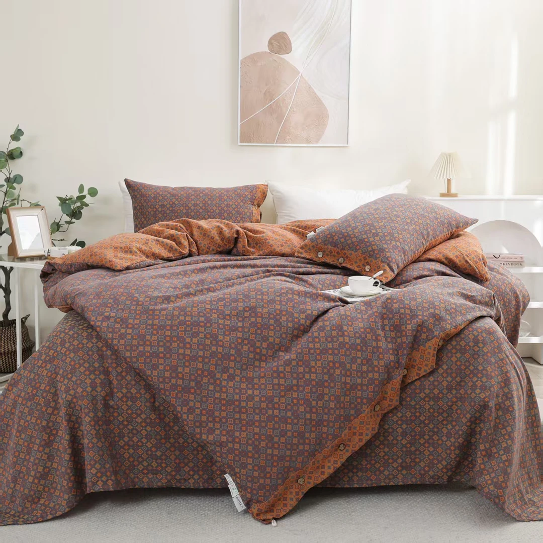 纽扣款学生家用双层纱色织被套床品冬天加厚被子四件套床单枕套