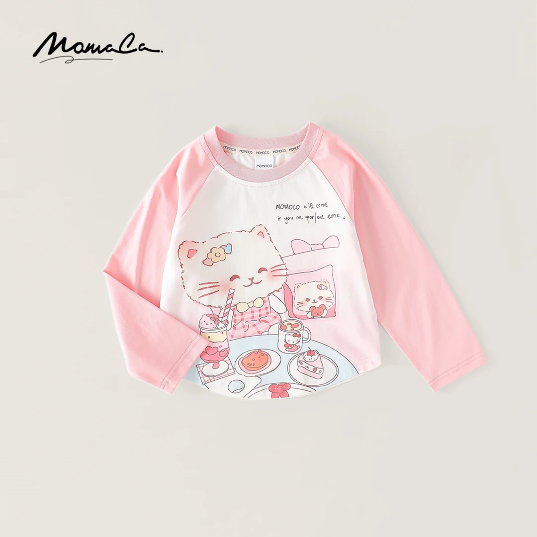 MOMOCO2025款春秋季欧若风女童甜美小猫咪撞色长袖T恤77730235012