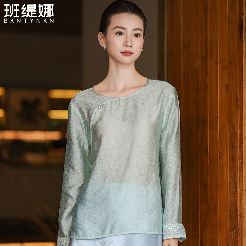 圆领古风新中式长袖上衣衬衫袖衬衫斜襟茶服文艺薄款成人时尚打底