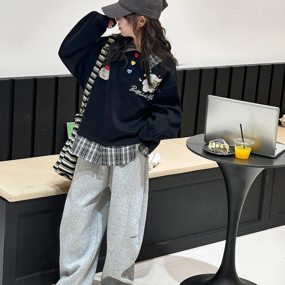 女童秋装套装2025新款中大儿童春秋季洋气假两件卫衣休闲裤两件套