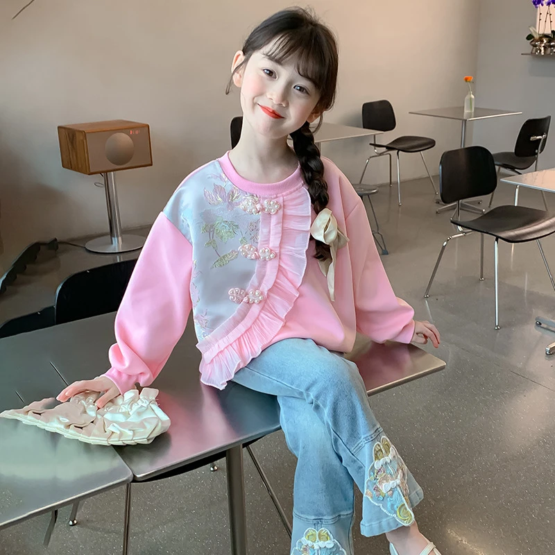 女童中国风卫衣2025春季新款儿童洋气长袖衣服中大童女孩春秋上衣