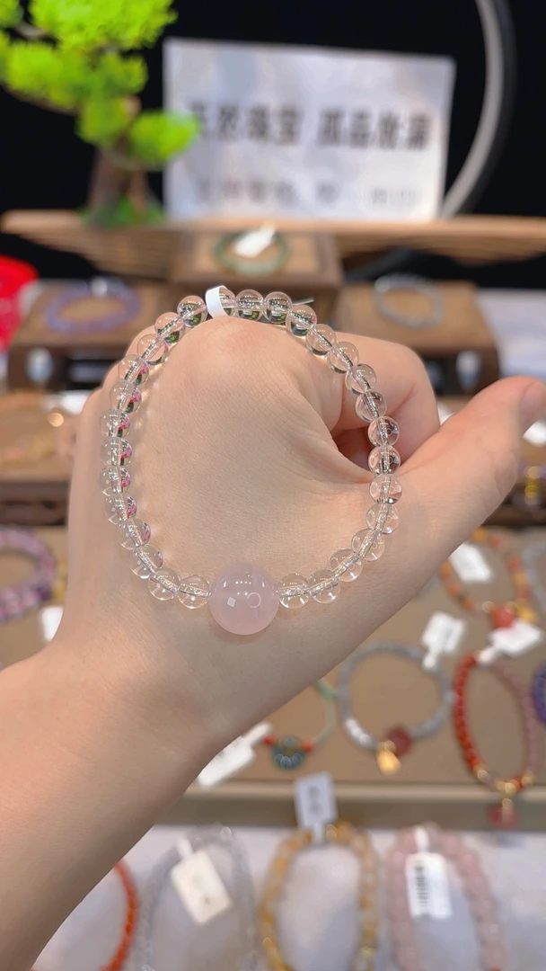 单圈白水晶搭粉水大珠款手串Y830