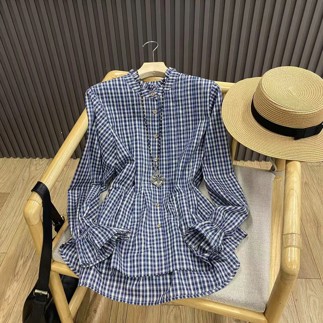 法式格子木耳领纯棉衬衫复古洋气减龄百搭荷叶袖衬衣女C85179