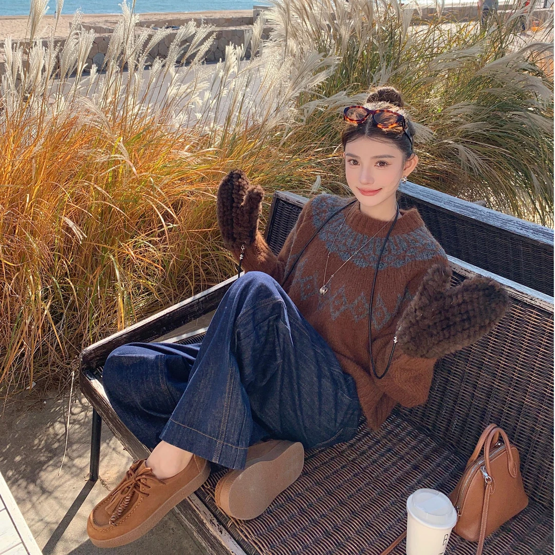 焦糖美拉德复古软糯费尔岛提花毛衣女秋冬慵懒风宽松百搭针织上衣