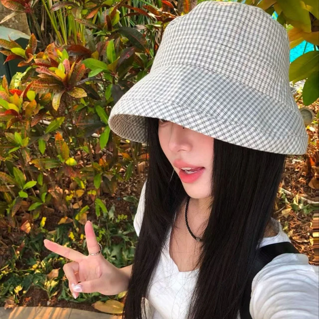 Jing-日系格子渔夫帽春夏季户外时尚防晒帽大帽檐百搭遮阳帽子女