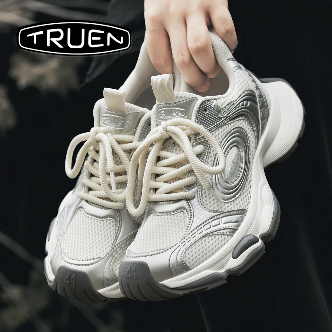 真恩[零压]慢跑鞋男士老爹运动休闲银色夏季透气网面复古厚底增高