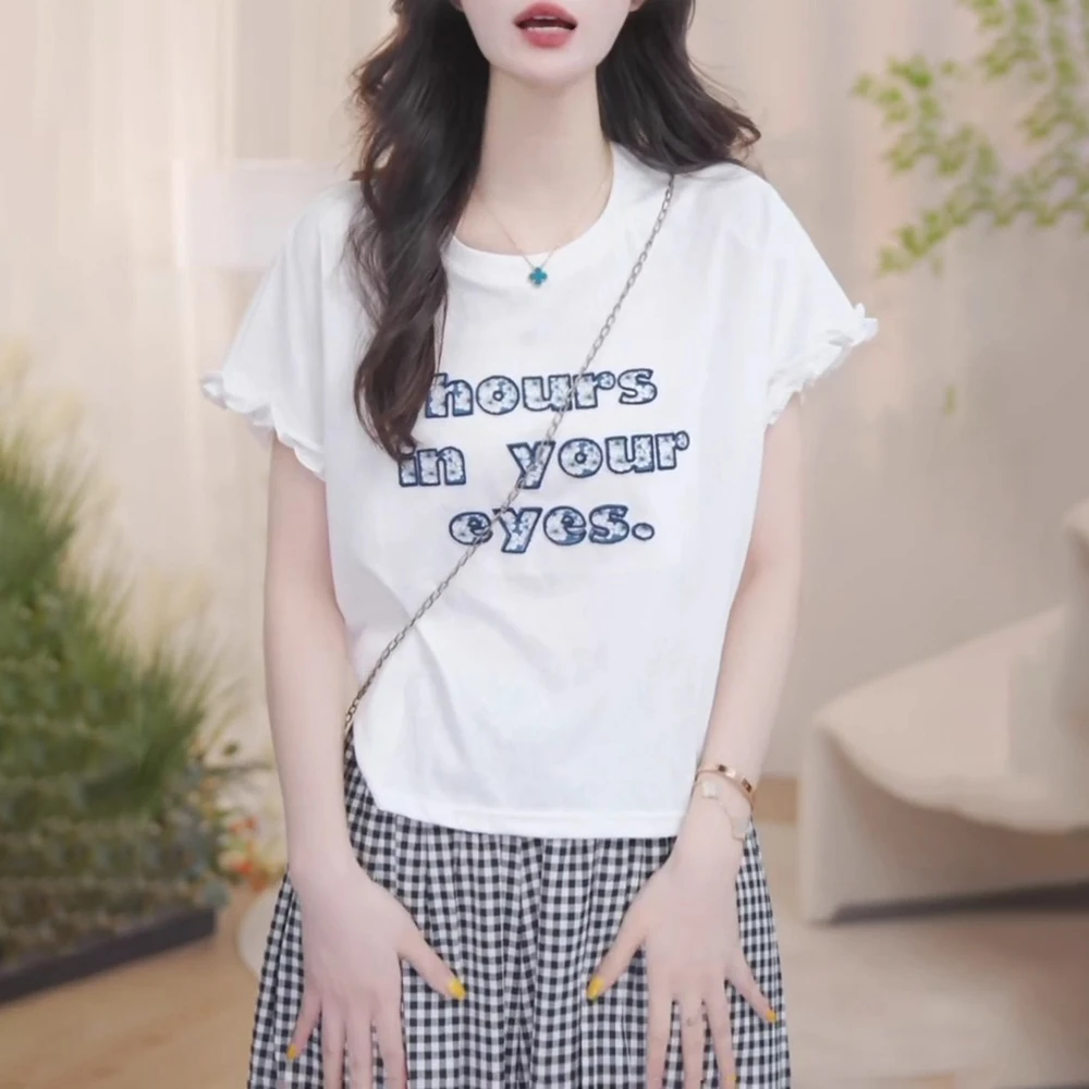 2025夏季新款白色正肩女士短袖T恤宽松显瘦字母木耳边设计上衣