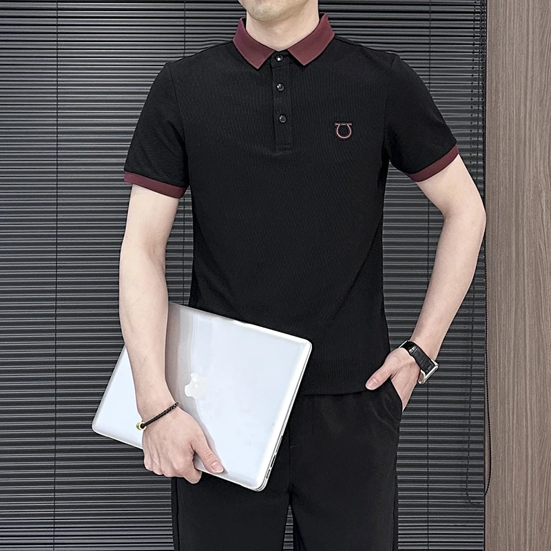 业速男士夏季撞色领口薄款短袖polo衫男潮流修身透气时尚休闲上衣