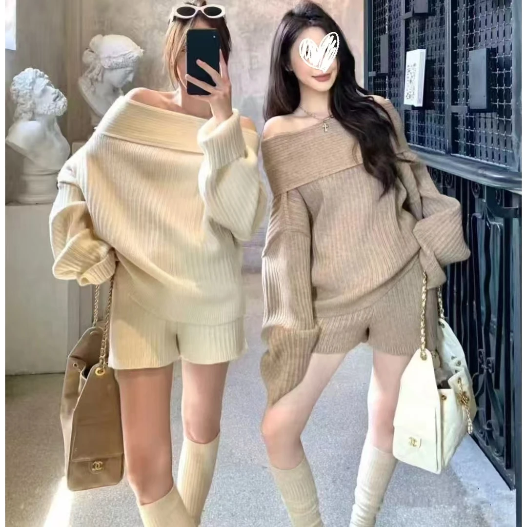 慵懒风针织套装女秋冬新款宽松一字肩毛衣+短裤高级感时尚两件套