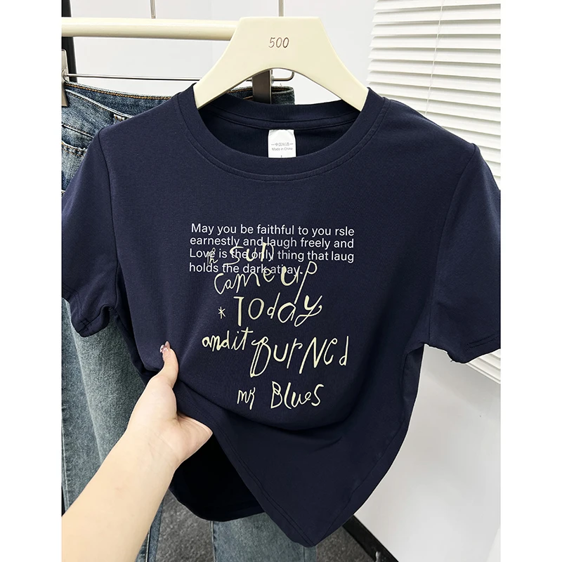 韩版时尚显瘦正肩短袖T恤女夏季简约字母印花小众设计感圆领上衣