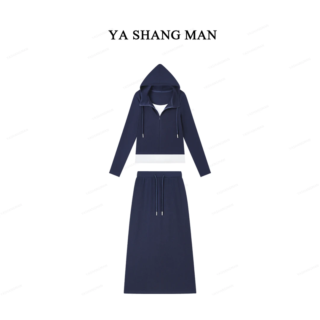 2025新款休闲套装假两件连帽抽绳上衣+半身裙两件套25701