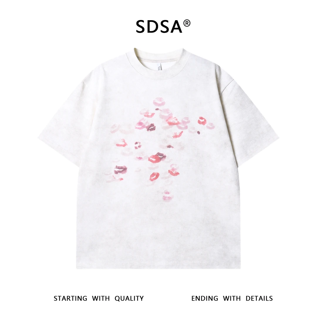 夏季高级感新款潮牌满天星红唇印花圆领短袖T恤百搭情侣宽松上衣