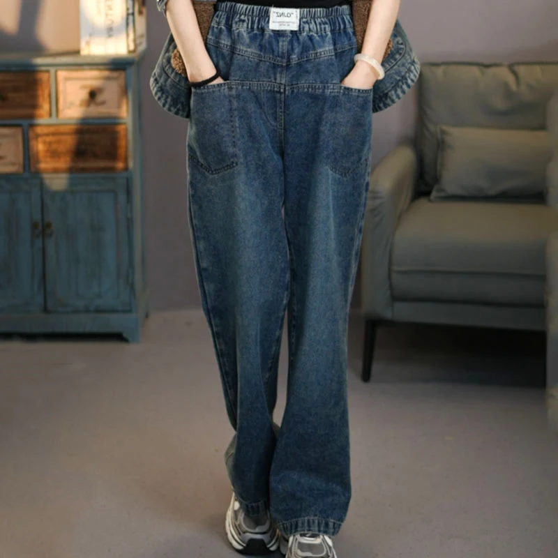 丹丹6790蓝色#2025春季复古显瘦牛仔直筒裤松紧腰时尚九分梧桐裤