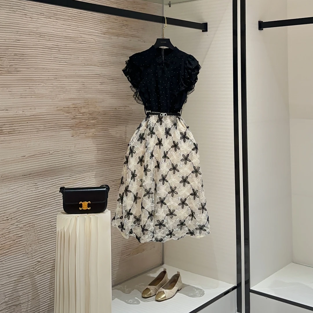 【vian专属】夏季黑色轻奢显瘦蕾丝法式立体印花时尚连衣裙L-A788