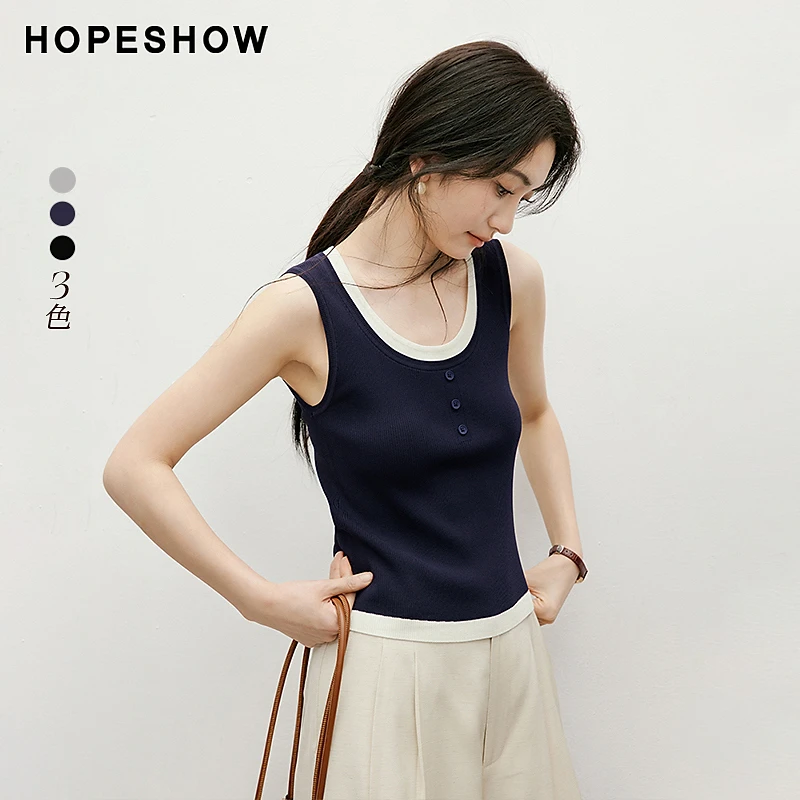 红袖2025夏新款女装 肌理感撞色假两件拼接亨利领背心90225130101