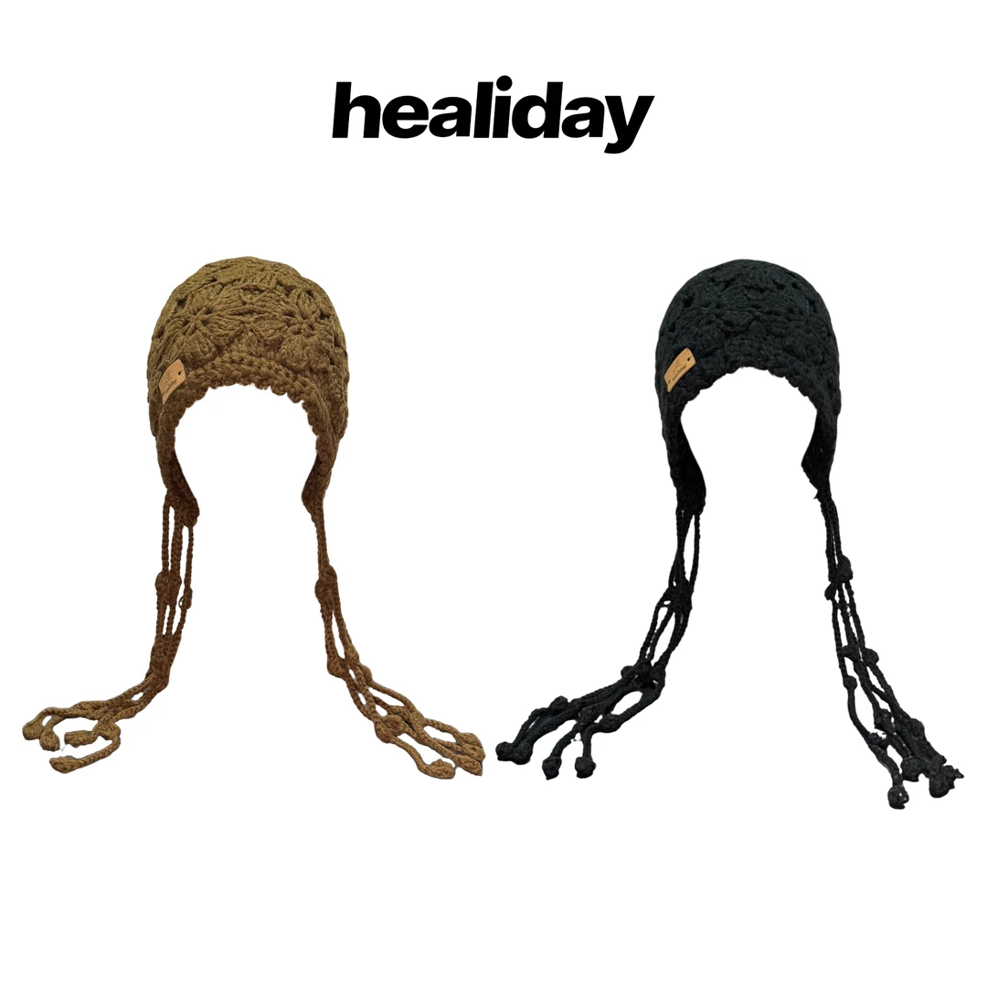 healiday 小尾巴钩花流苏毛线帽 手工钩针花朵针织护耳帽包头帽冬