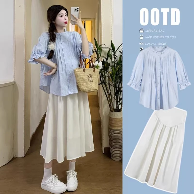 薇莉蔓孕妇时尚套装夏季外出薄款泡泡袖衬衫上衣高腰半身裙两件套