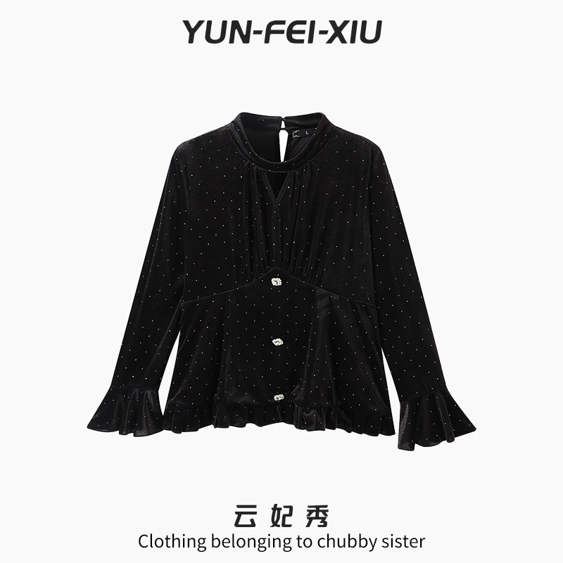 云妃秀大码女装T恤圆领圆点喇叭袖宽松显瘦遮肉胖妹妹秋季5146