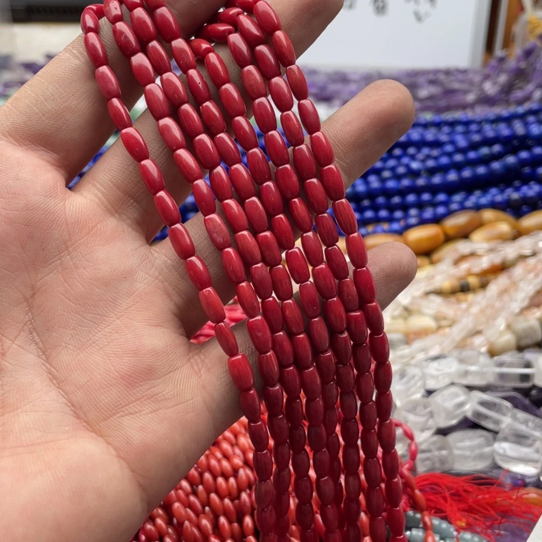 玛瑙/玉髓合金珠宝半成品一条装4*7mm红精灵米珠