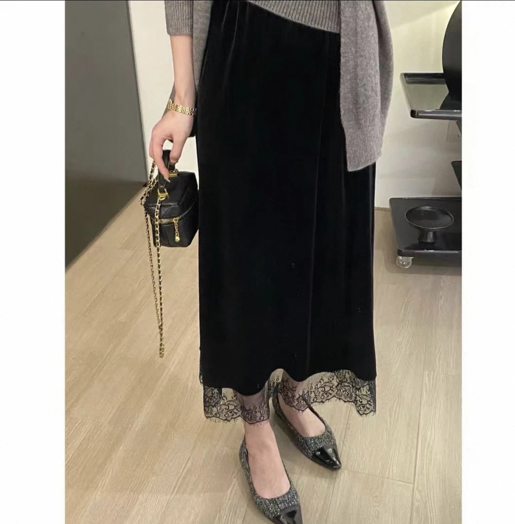 【唯美女装】蕾丝拼接～超洋气显瘦直筒丝绒裙