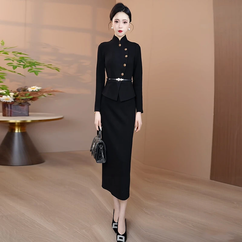 黑色加厚毛呢连衣裙女2025秋冬新款显瘦气质时尚裙子修身优雅长裙