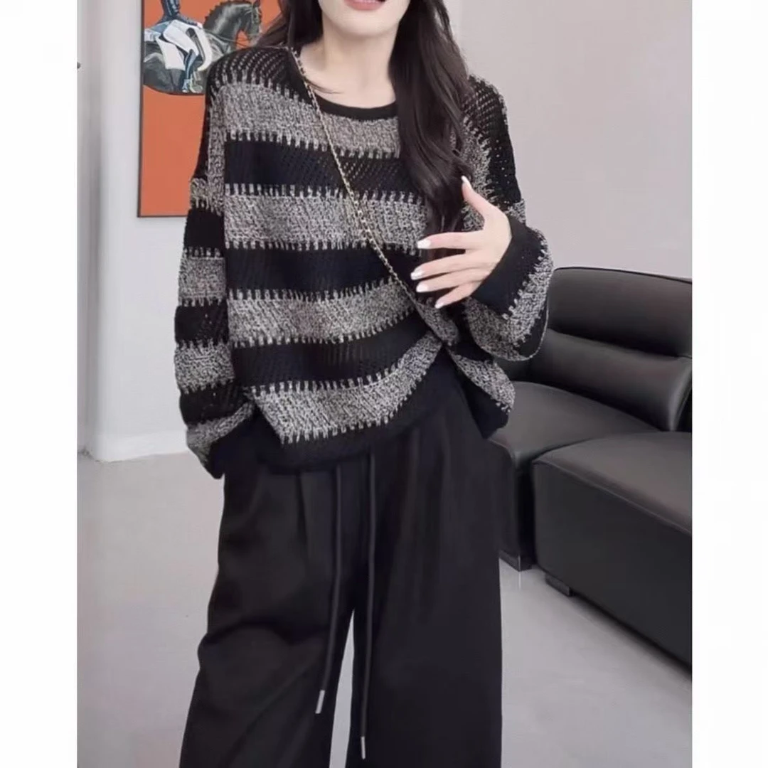设计感镂空条纹圆领长袖毛衣女2025秋季新款落肩百搭休闲针织上衣