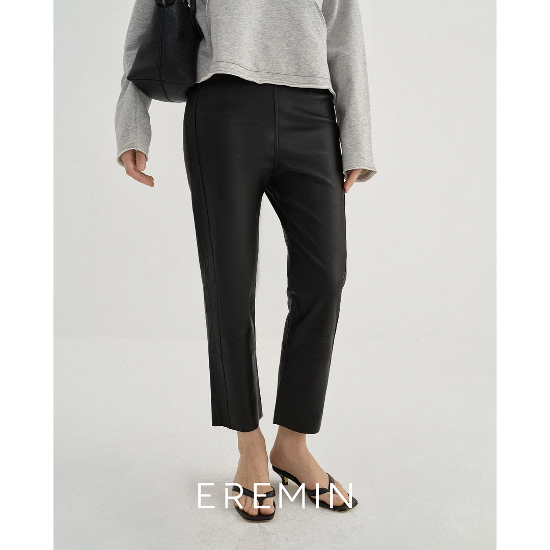 DE Mincollection铅笔皮裤/弹力绵羊皮破缝拼接显瘦真皮烟管裤