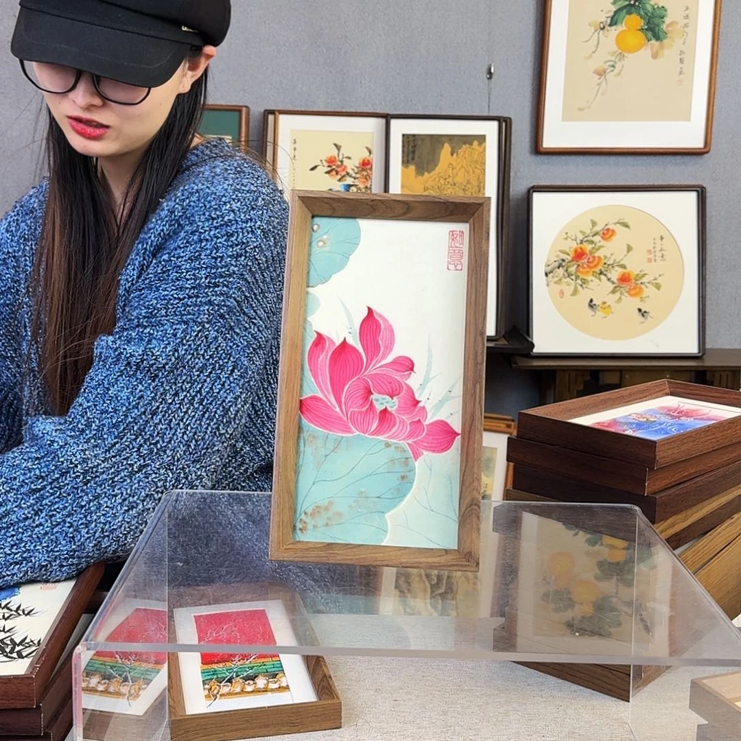 国画纯手绘，纯手写带框尺寸：16×29厘米