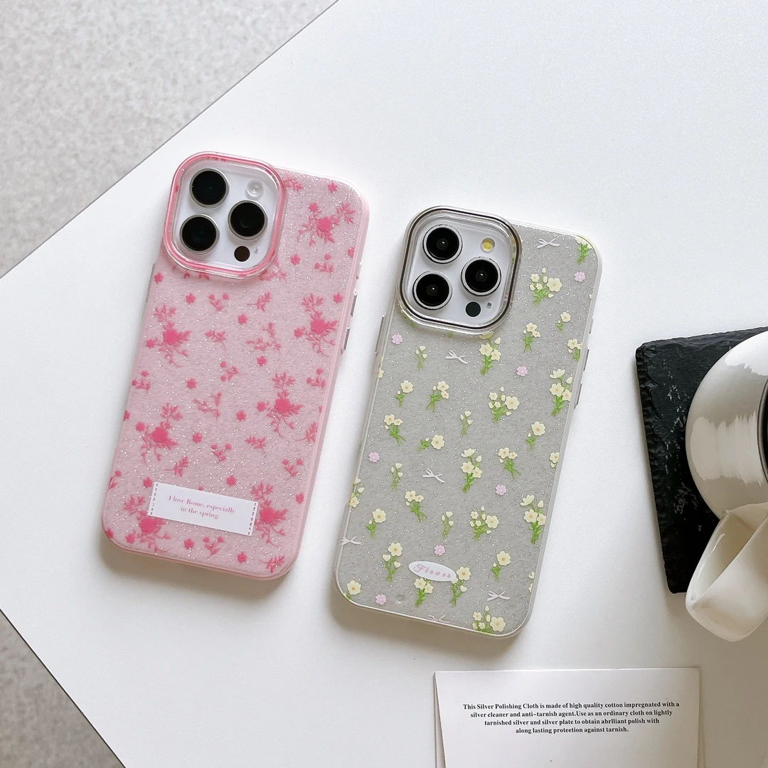 高级感闪粉小碎花适用iPhone16promax手机壳iPhone15轻奢纯色防摔