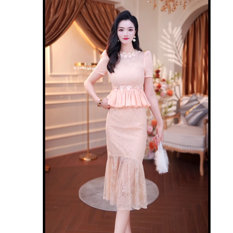 2025女装夏季新款气质高贵轻奢蕾丝网纱绣花时尚优雅连衣裙6142