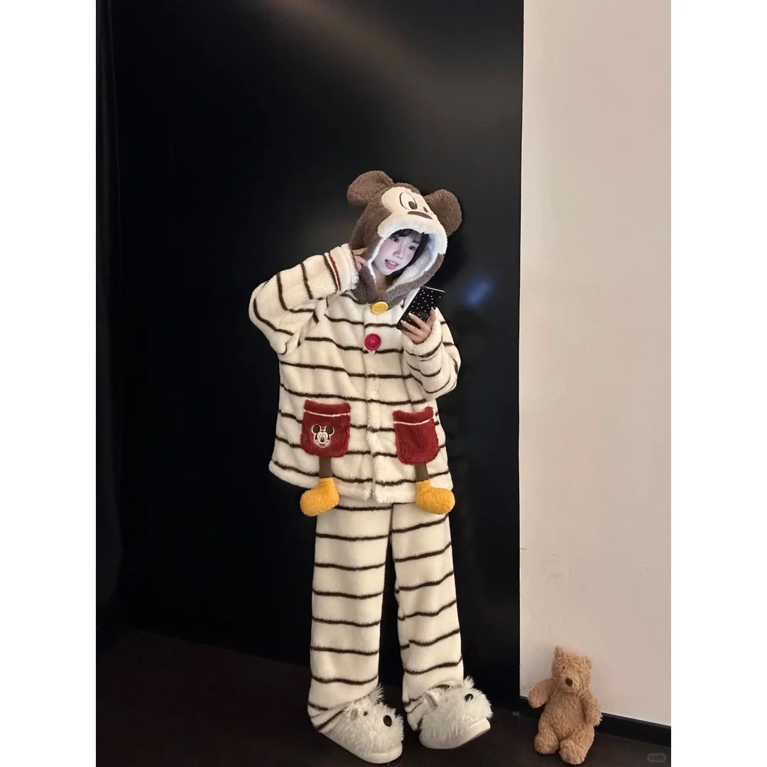 可爱卡通米奇连帽开衫外套珊瑚绒冬季保暖睡衣女款休闲家居服套装