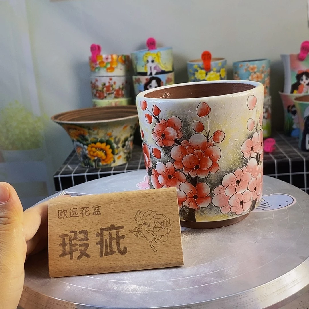 紫砂花盆红陶手绘花盆