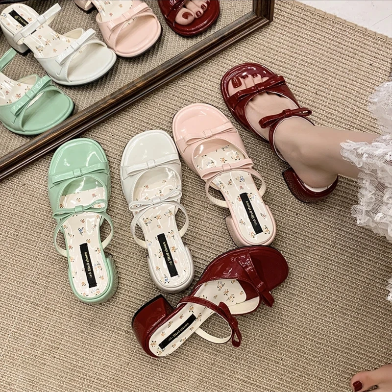 一字带凉鞋女款2025夏季新款粗跟配裙子法式蝴蝶结外穿高跟凉拖鞋