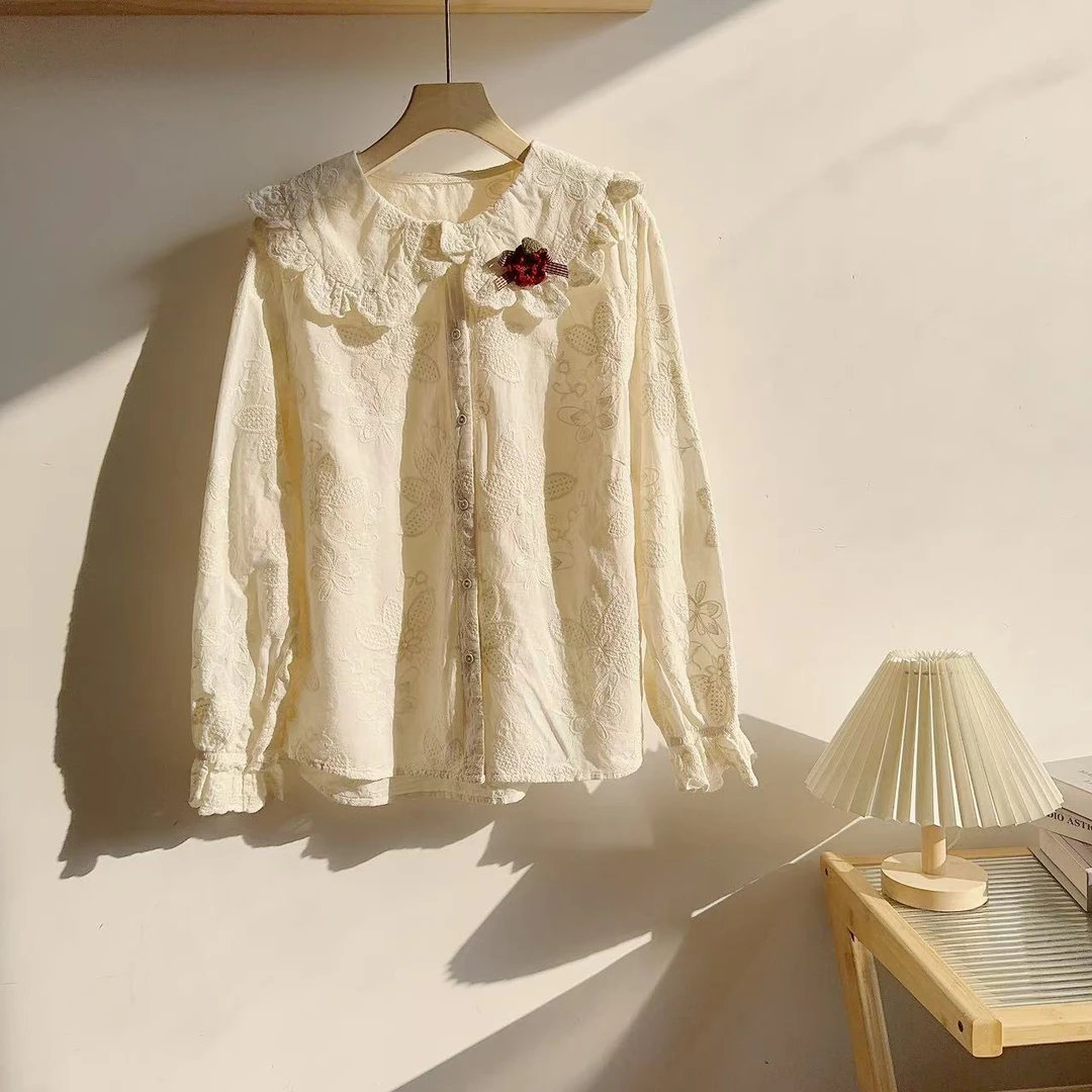 MANXMAN【海棠未眠】新款娃娃领刺绣减龄直筒百搭衬衫女