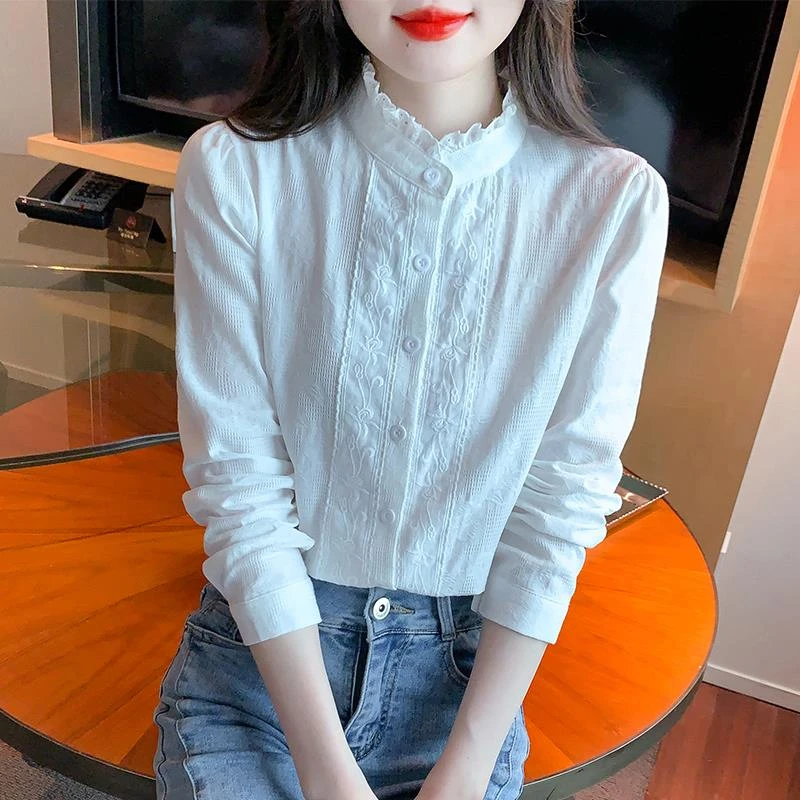 哥弟阿玛施正品立领刺绣木耳边棉混衬衫女春秋2025新款宽松薄款小