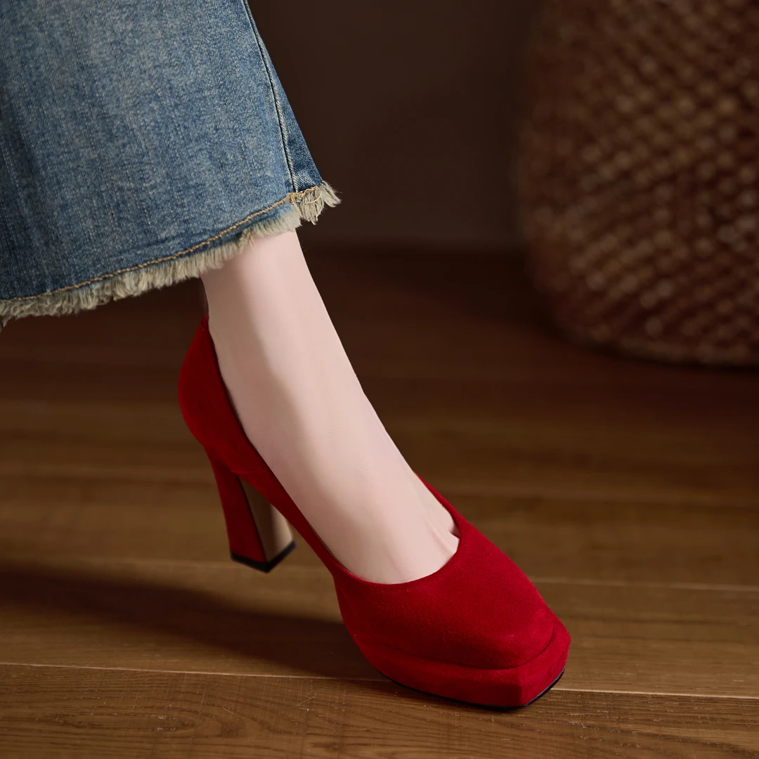 AACCK手工女鞋10cm~防水台粗跟高跟鞋方头浅口单鞋女气质新娘鞋