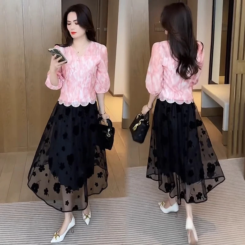 别致漂亮衬衫套装女士洋气减龄小个子短款甜美七分袖半身裙两件套