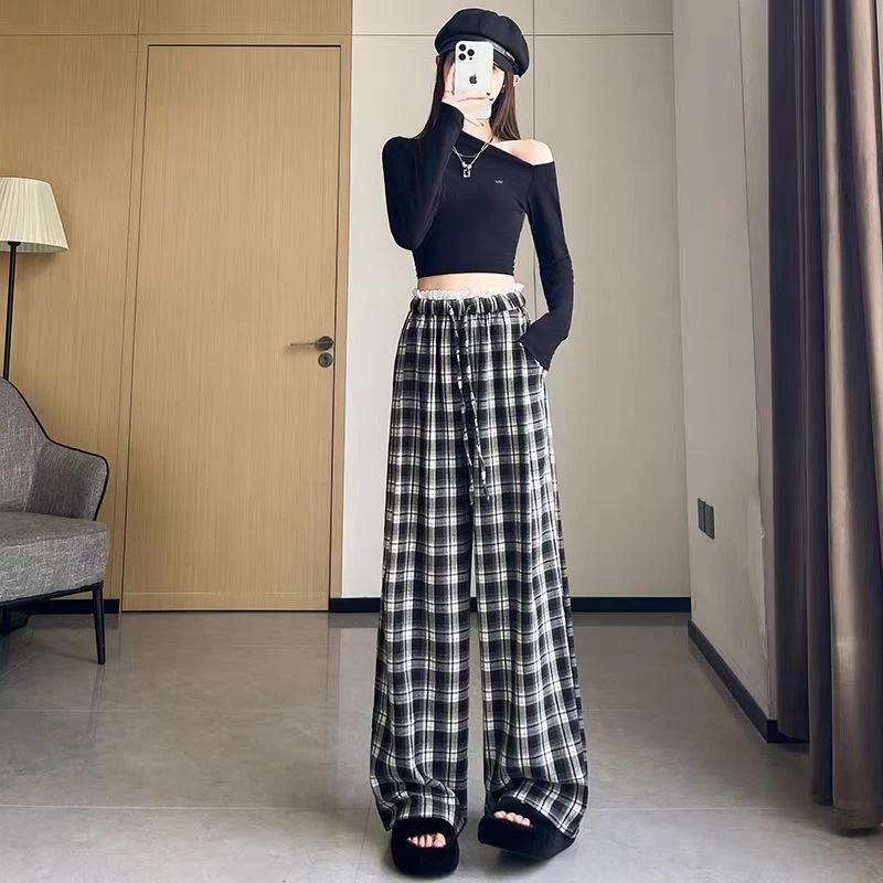韩系蕾丝花边格子阔腿裤2025秋过款链接