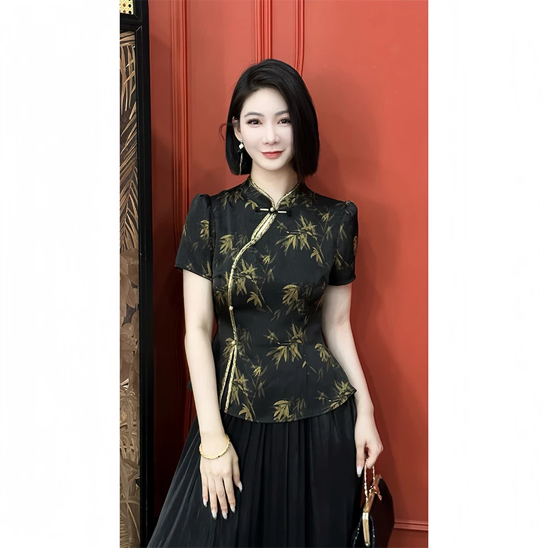 格娜夏季新款新中式高贵别致旗袍衬衫黑金复古典雅薄款显瘦两件套