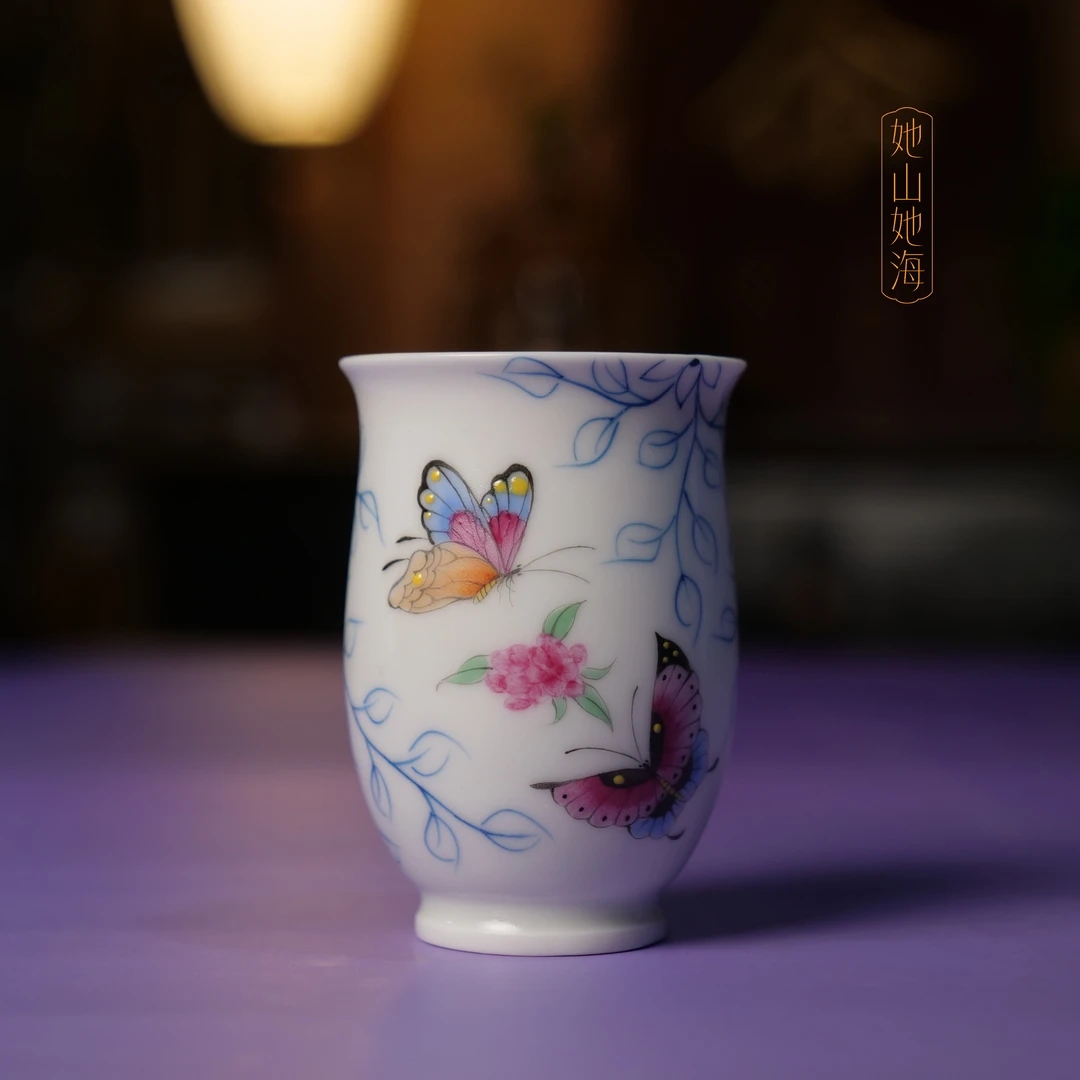她山她海【华箐堂斗彩蝴蝶闻香杯】纯手绘高温陶瓷精美主人杯品茗杯