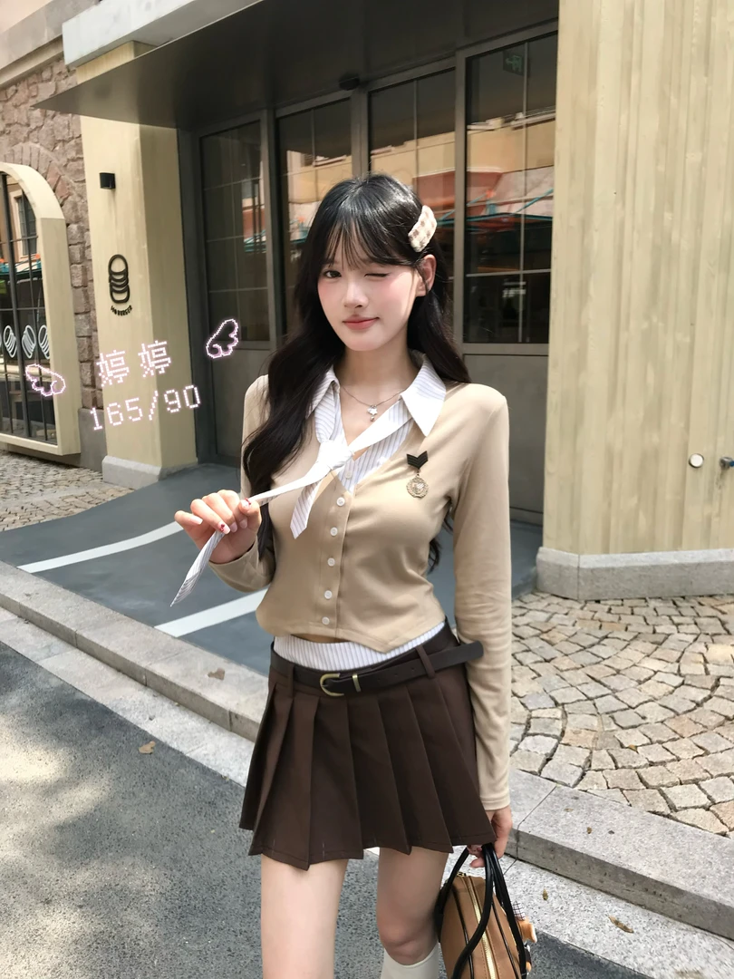 【榛果拿铁】秋季美拉德学院风假两件领带衬衫高腰百褶裙套装5Q324