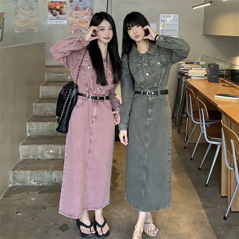 胖颖专属大码春季新款胖MM复古牛仔连衣裙中长款开叉裙802