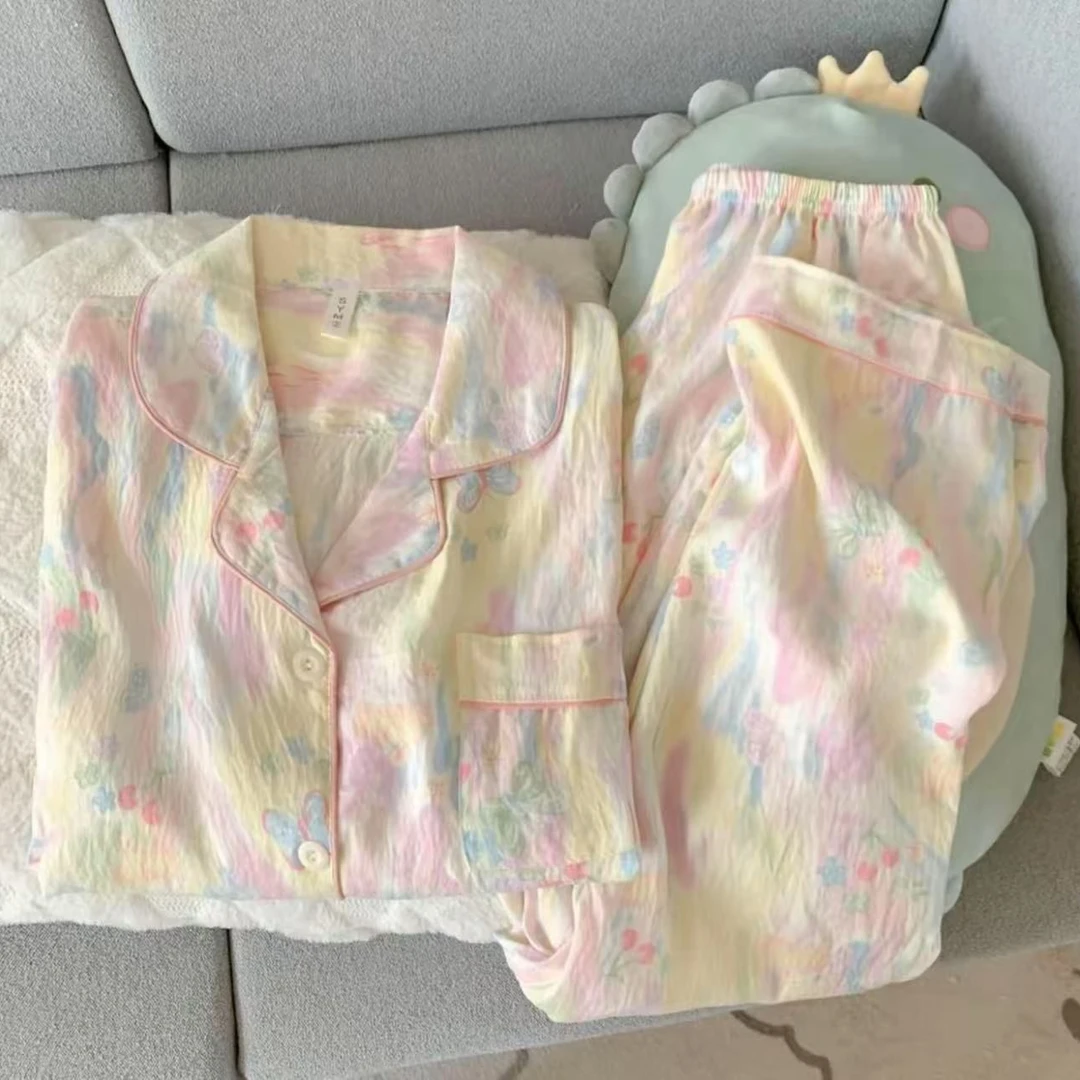 (4)晕染蝴蝶带胸垫云朵棉新款睡衣女士带胸垫开衫甜美休闲套装