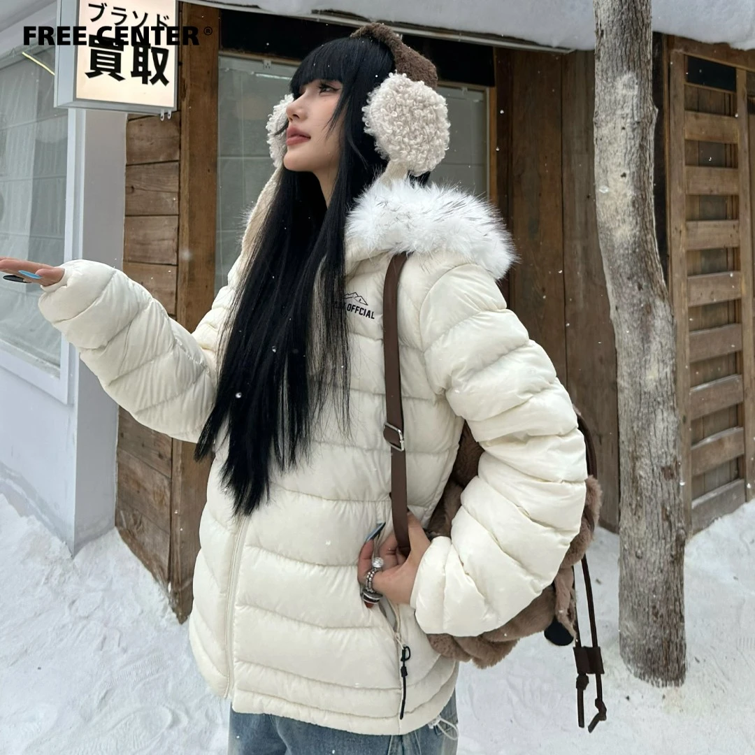 FREE CENTER美式街头90白鸭绒轻薄排骨羽绒服可拆卸毛领男女外套