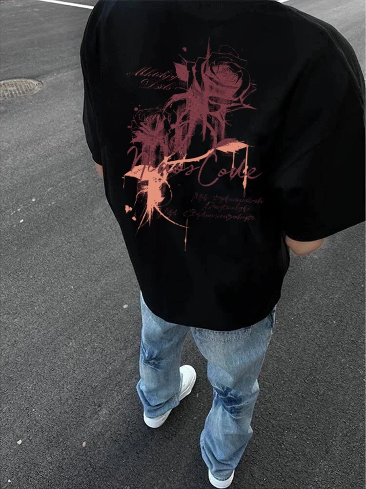 260g美式【重磅100%纯棉】复古涂鸦玫瑰花男生休闲潮牌重磅宽松大码