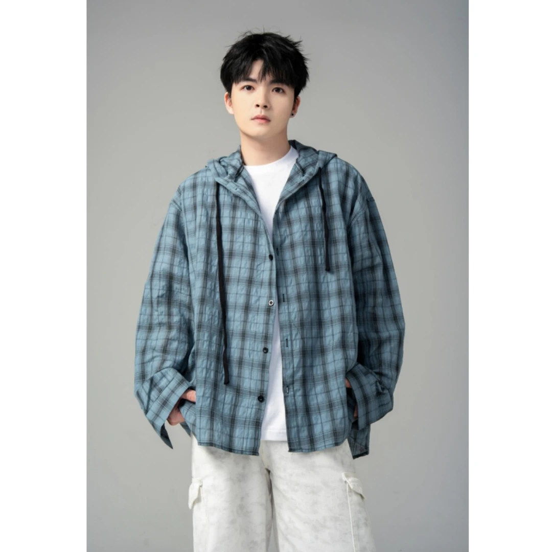 连帽格子衬衫男款cityboy轻薄立体纹理感慵懒阔版防晒衬衫式外套