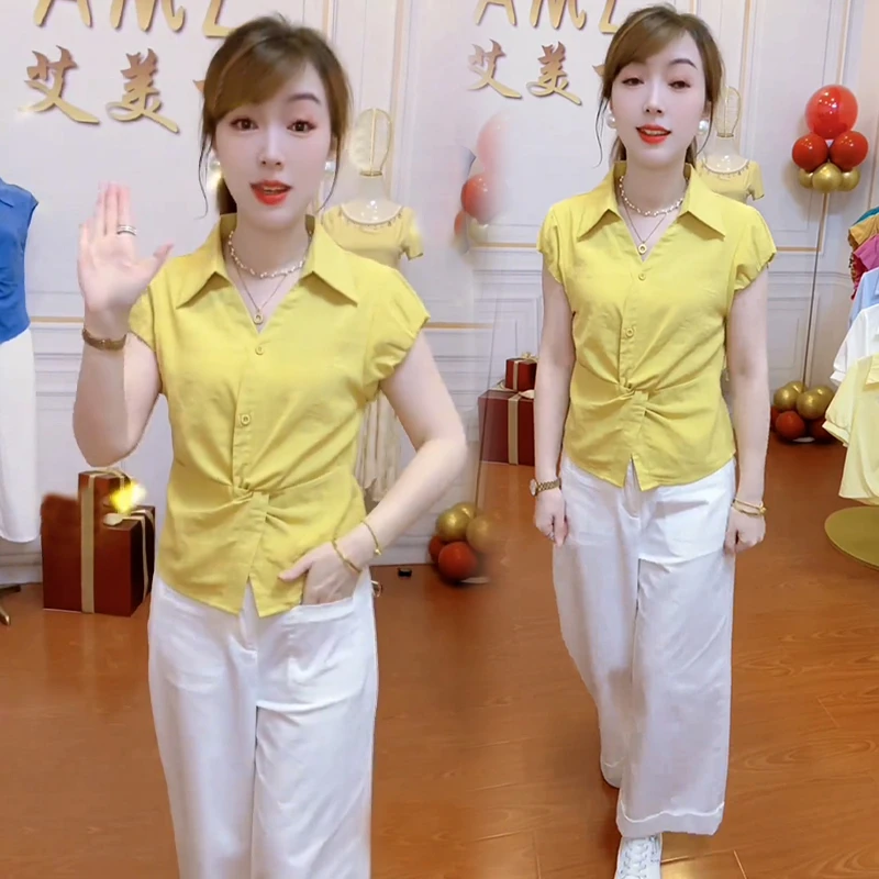 扭结收腰显瘦短袖衬衫女2025年夏季小个子休闲时尚减龄百搭上衣潮