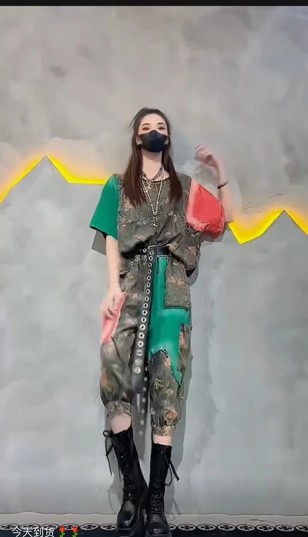 夏季印花新款韩版时尚宽松减龄牛仔显瘦九分裤圆领宽松T恤套装