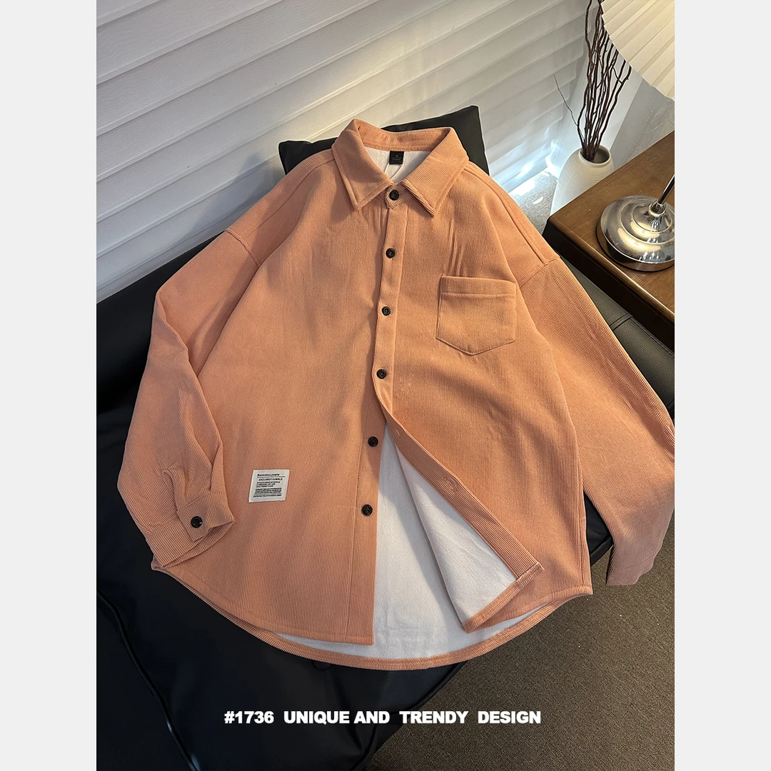 秋冬复古灯芯绒加厚衬衫粉色情侣款休闲加绒衬衫男士保暖内搭外套