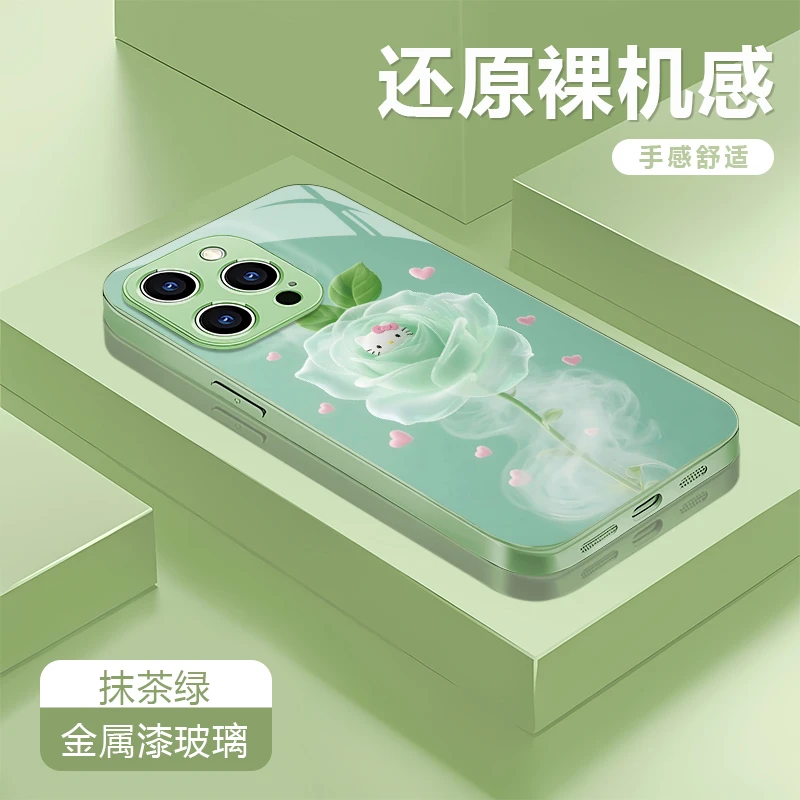kt猫花朵适用苹果16/15华为P70/vivo/oppo金属漆玻璃防摔手机壳女